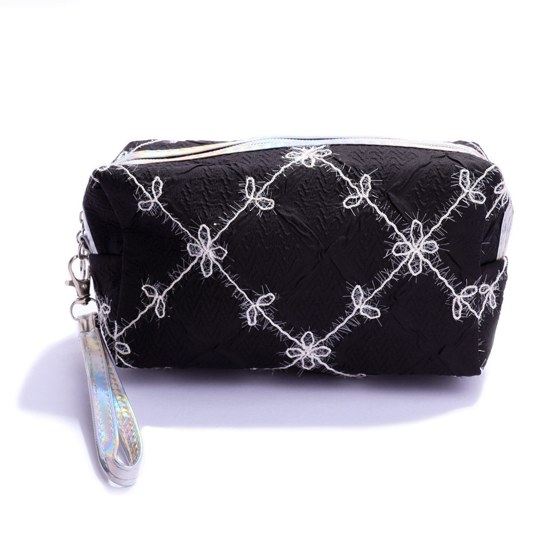 Cosmetiquera Acolchada Con Bordado Floral Y Correa Holográfica
